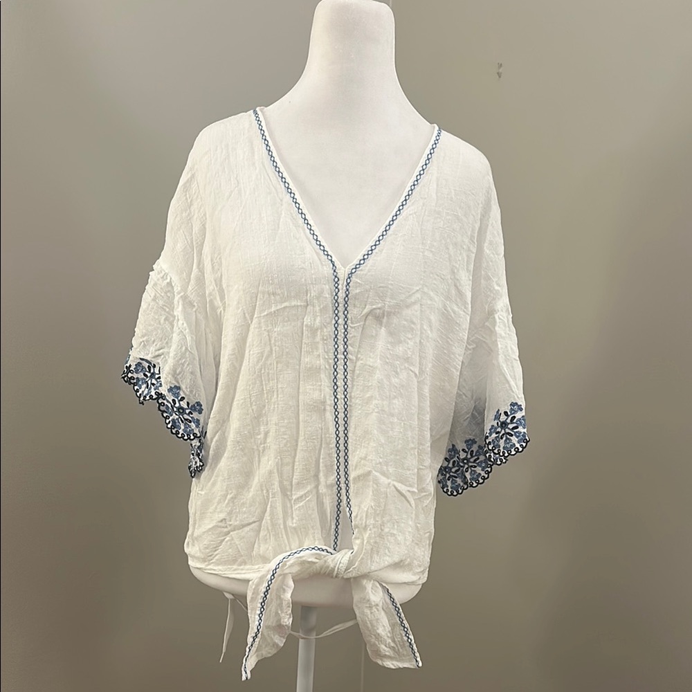Max Studio Blue & White Embroidered Tie-Front Top, Sz S
